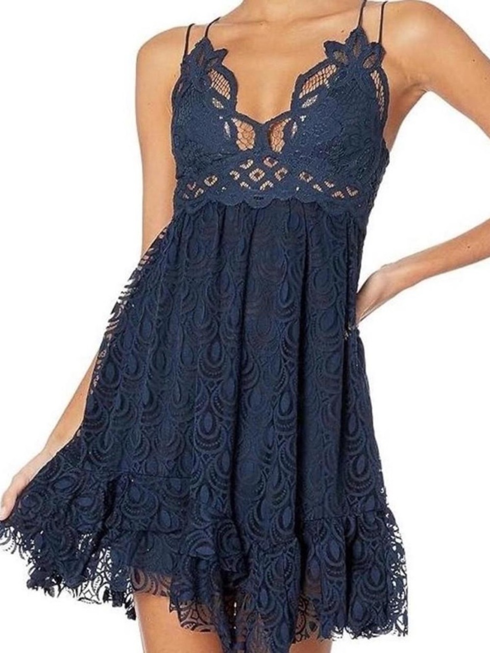 Free People Women's Adella Lace Slip Dress in navy | Medium